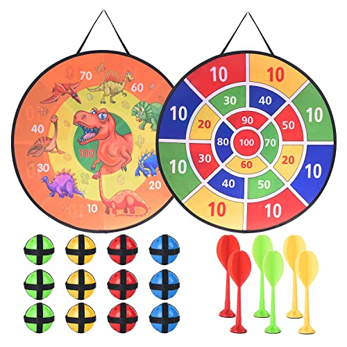 26" Large Dart Board Game Set for Kids with 12 Sticky Balls, Dinosaur Toys Double-sided Foldable Indoor Outdoor Fun Party Play Games Toys Gifts for Boys Girls Kids (Dinosaur Dartboards)