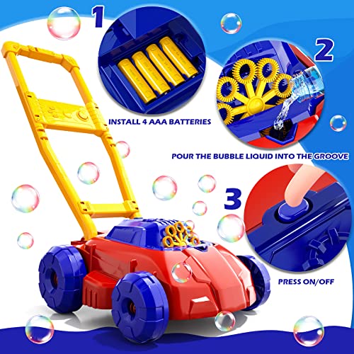Doloowee Red and Blue Bubble Lawn Mower for Toddlers, Bubble Makers for Kids, Summer Outdoor Backyard Gardening Toys, Birthday Gifts for Preschool Boys Girls