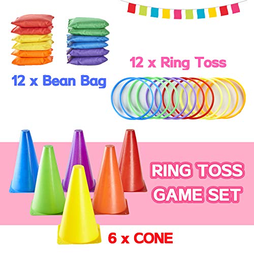 Paochocky 30 Pcs 3 in 1 Funny Activity Game Set - Six colors Throwing Ring toss and Bean Bags to Soft Cones Family Games, Indoor Outdoor Activity Birthday Party Supplies with Wonderful Gift Box