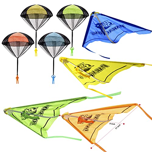 JOYIN 8 PACK 2 in 1 Glider and Parachute Toy Set with Figures, Tangle Free Throwing Hand Throw Flying Toys for Kids Outdoor Play