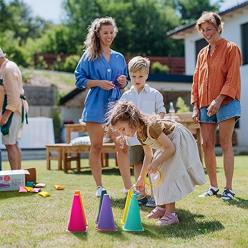 THE TWIDDLERS - 3 in 1 Ring Toss Party Game for Kids Play - Colourful Hoops and Cones, Bean Bag Throwing Toy for Children Carnival Birthday Outdoor Fun Activity