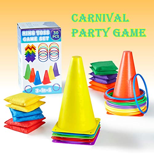 Paochocky 30 Pcs 3 in 1 Funny Activity Game Set - Six colors Throwing Ring toss and Bean Bags to Soft Cones Family Games, Indoor Outdoor Activity Birthday Party Supplies with Wonderful Gift Box