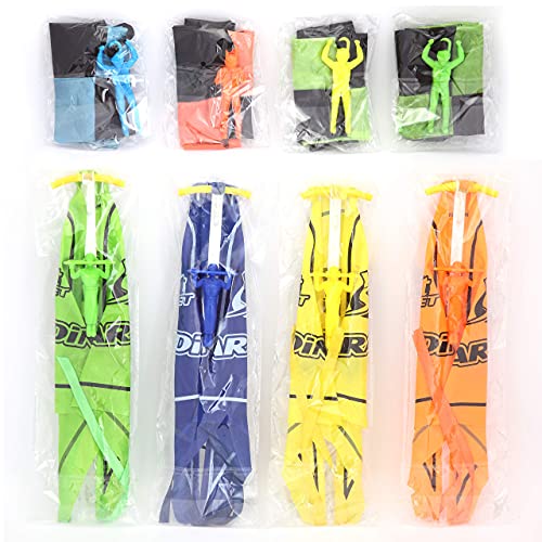 JOYIN 8 PACK 2 in 1 Glider and Parachute Toy Set with Figures, Tangle Free Throwing Hand Throw Flying Toys for Kids Outdoor Play
