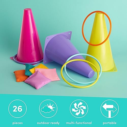 THE TWIDDLERS - 3 in 1 Ring Toss Party Game for Kids Play - Colourful Hoops and Cones, Bean Bag Throwing Toy for Children Carnival Birthday Outdoor Fun Activity