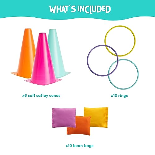 THE TWIDDLERS - 3 in 1 Ring Toss Party Game for Kids Play - Colourful Hoops and Cones, Bean Bag Throwing Toy for Children Carnival Birthday Outdoor Fun Activity