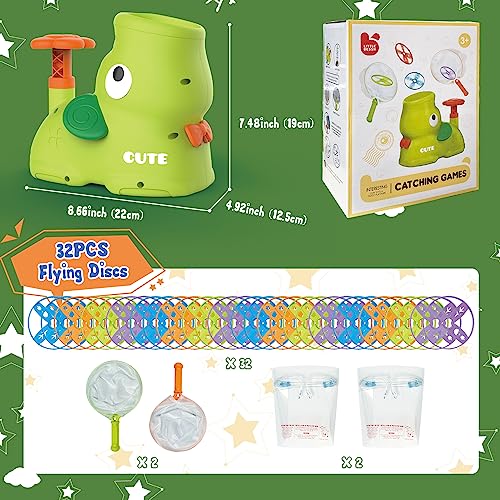 Kids Outdoor Garden Toys for 3+ Year Olds, OMWay Flying Disc Launcher Toy with 32 Disc for Toddlers Age 3 4 5, Fun Garden Games for Kids 4-8, Christmas Easter Birthday Gift for Boys and Girls Age 8-12