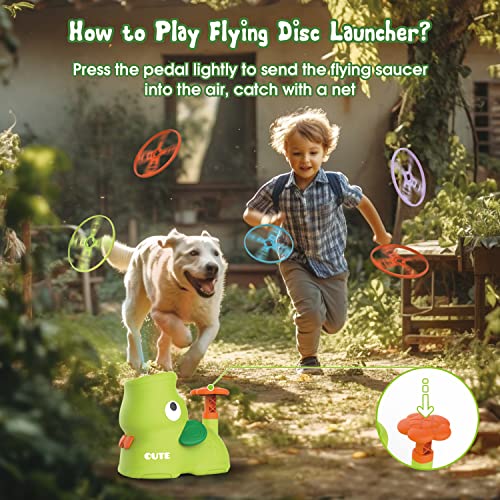 Kids Outdoor Garden Toys for 3+ Year Olds, OMWay Flying Disc Launcher Toy with 32 Disc for Toddlers Age 3 4 5, Fun Garden Games for Kids 4-8, Christmas Easter Birthday Gift for Boys and Girls Age 8-12