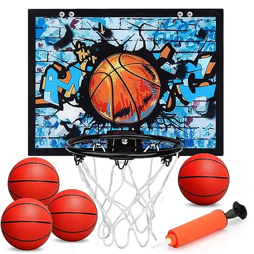 Mini Indoor Basketball Hoop Toy for Kids Adults, Over The Door Basketball Hoop With 4 Replacment Basketballs, Upgrade Thick Backboard Metal Rim Sport Game Toy for School Office Room Bedroom Pool