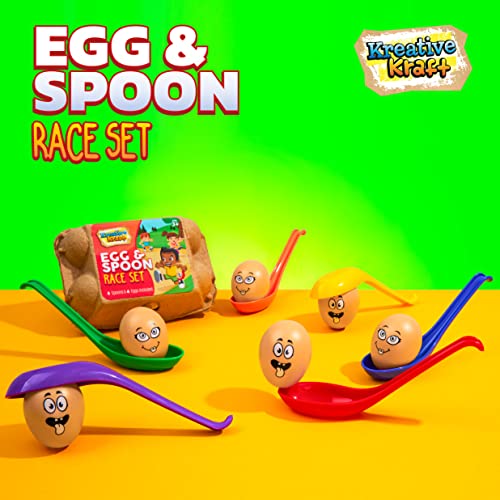 KreativeKraft Egg and Spoon Race Kit Outdoor Games For Kids, Garden Outdoor Toys Kids Party Games Set Includes 6 Easter Eggs & 6 Plastic Spoons, Family Games for Kids and Adults