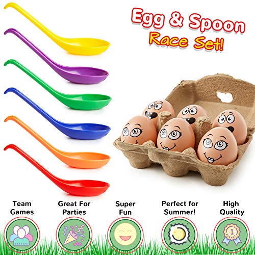 KreativeKraft Egg and Spoon Race Kit Outdoor Games For Kids, Garden Outdoor Toys Kids Party Games Set Includes 6 Easter Eggs & 6 Plastic Spoons, Family Games for Kids and Adults
