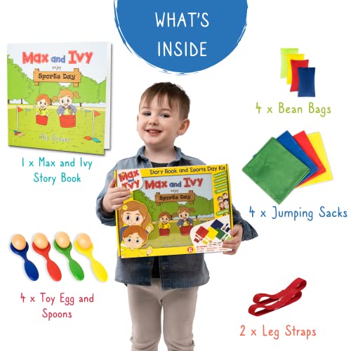 Max and Ivy enjoy Sports Day | Children’s Story Book and Sports Day Kit | Read and Play | Garden Games | Outdoor Toys | Kids Outdoor Games | Bean Bag Toss, Egg and Spoon Race, Sack Race & More