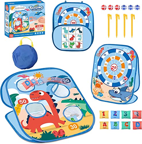 LATERN 3 In 1 Bean Bag Toss Game Toy, Dinosaur Ocean Theme Foldable Corn Hole Game, Safety Dart Game and Tic Tac Toe Game for Boys Girls Indoor Outdoor Garden Party