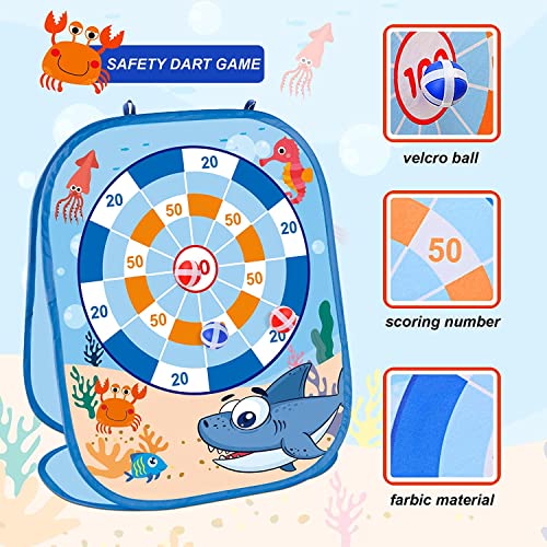 LATERN 3 In 1 Bean Bag Toss Game Toy, Dinosaur Ocean Theme Foldable Corn Hole Game, Safety Dart Game and Tic Tac Toe Game for Boys Girls Indoor Outdoor Garden Party
