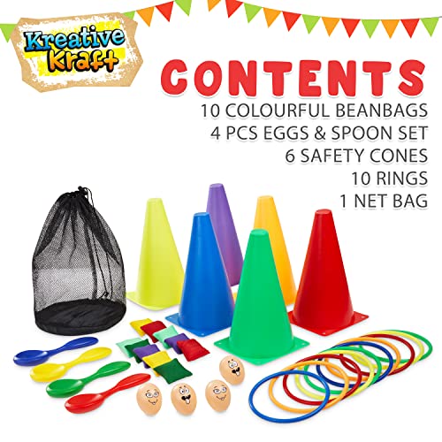 Garden Games Outdoor Play Equipment for Children Family Summer Kids Garden Toys Sports Day Kit Egg and Spoon Race Ring Toss Sack Race Bean Bag Toss Snakes and Ladders (4 in 1 Set)