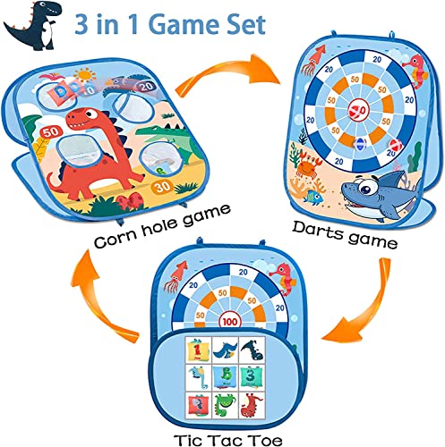 LATERN 3 In 1 Bean Bag Toss Game Toy, Dinosaur Ocean Theme Foldable Corn Hole Game, Safety Dart Game and Tic Tac Toe Game for Boys Girls Indoor Outdoor Garden Party
