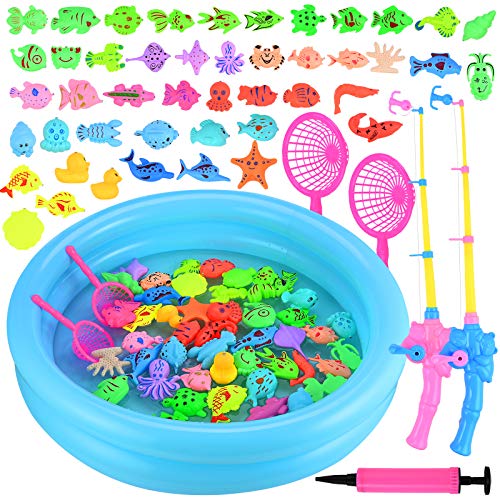 GOLDGE Magnetic Fishing Toys, 52 PCS Fishing Game Set for Kids with Inflatable Pool, 2 Pole Rods, 2 Nets, 46 Plastic Floating Fish and Mini Inflator, Toddler Educational Bath Toy Play Set
