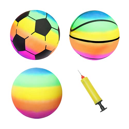 BQSHX 3 Pcs Toddler Sports Ball Set with Pump,Inflatable Football Basketball Rainbow Ball Outdoor Playground Garden Bouncy Beach balls Toy Game for Kids Children Boys Girls Christmas Birthday Gift
