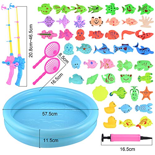 GOLDGE Magnetic Fishing Toys, 52 PCS Fishing Game Set for Kids with Inflatable Pool, 2 Pole Rods, 2 Nets, 46 Plastic Floating Fish and Mini Inflator, Toddler Educational Bath Toy Play Set