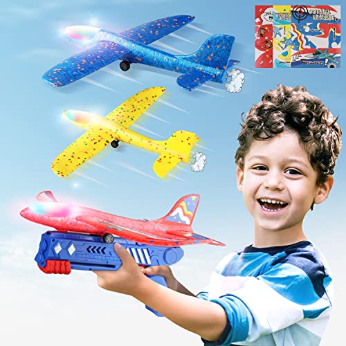 HFHY LED Airplane Launcher Toy, Catapult Aeroplane Toys, 3 Pack Flying Toys for Kids One-Click Ejection Model Foam Glider Plane with Children Boys Girls Outdoor Sport or Gift