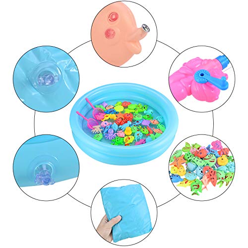 GOLDGE Magnetic Fishing Toys, 52 PCS Fishing Game Set for Kids with Inflatable Pool, 2 Pole Rods, 2 Nets, 46 Plastic Floating Fish and Mini Inflator, Toddler Educational Bath Toy Play Set
