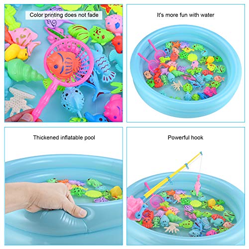 GOLDGE Magnetic Fishing Toys, 52 PCS Fishing Game Set for Kids with Inflatable Pool, 2 Pole Rods, 2 Nets, 46 Plastic Floating Fish and Mini Inflator, Toddler Educational Bath Toy Play Set