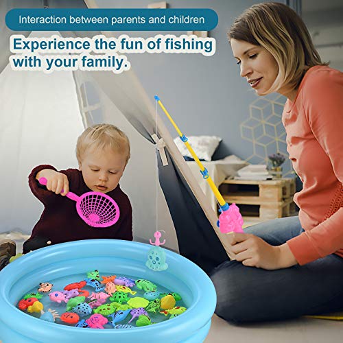 GOLDGE Magnetic Fishing Toys, 52 PCS Fishing Game Set for Kids with Inflatable Pool, 2 Pole Rods, 2 Nets, 46 Plastic Floating Fish and Mini Inflator, Toddler Educational Bath Toy Play Set