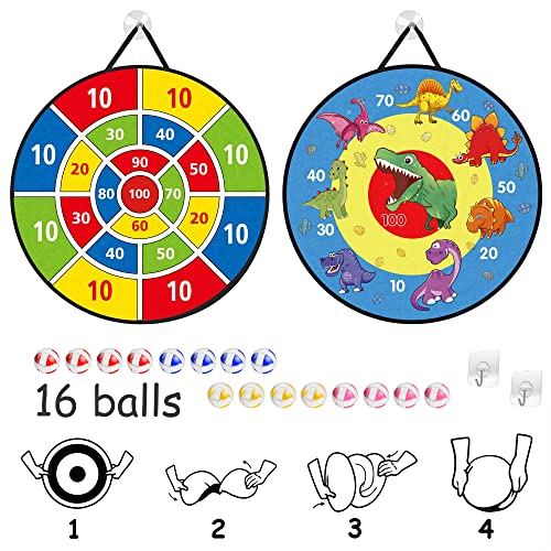 TOMYOU 26" Dart Board for Kids with 16 Sticky Balls, Double Sided Dinosaur Dart Board, Indoor Outdoor Party Games Toys, Birthday Toys Gift for Age 5 6 7 8 9 10 11 12 Year Old Boys Girls - 66cm