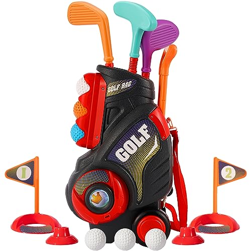 HYAKIDS Golf Set for Kids, Outdoor Garden Games Toy Golf Clubs Suitcase with 6 Balls, 3 Golf Clubs, 2 Practice Holes, Indoor Sports Toys for Toddlers Boys Girls