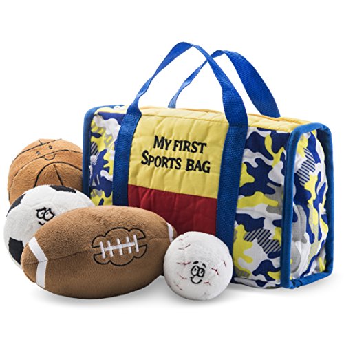 Prextex My First Sports Bag Playset Plush Toy w/Stuffed Plush Basketball, Baseball, Small Soccer Ball & Football, Plush Ball Stuffed Toy for Toddlers, Playground Balls for Toddlers Age 1-3