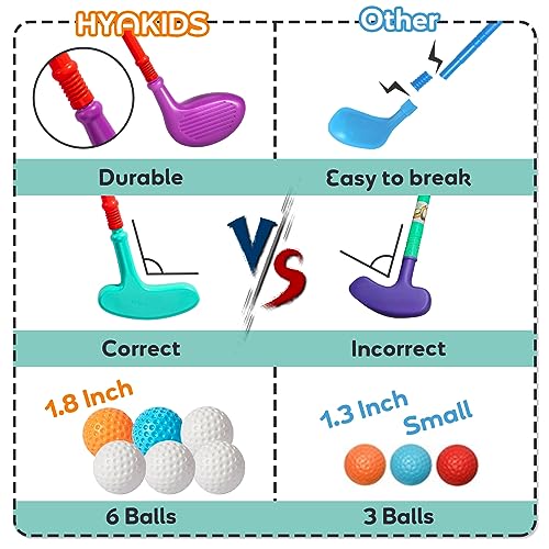 HYAKIDS Golf Set for Kids, Outdoor Garden Games Toy Golf Clubs Suitcase with 6 Balls, 3 Golf Clubs, 2 Practice Holes, Indoor Sports Toys for Toddlers Boys Girls