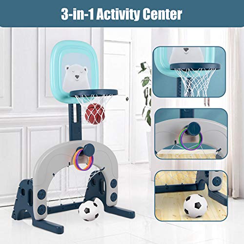 Hello-5ive Kids Basketball Hoop Stand Set, Kids Indoor and Outdoor Toys 3 in 1 Basketball Set Ball Games Adjustable Height, Toy Sports Set with Basketball, Football/Soccer Goal, Ring Toss