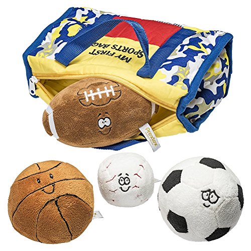 Prextex My First Sports Bag Playset Plush Toy w/Stuffed Plush Basketball, Baseball, Small Soccer Ball & Football, Plush Ball Stuffed Toy for Toddlers, Playground Balls for Toddlers Age 1-3