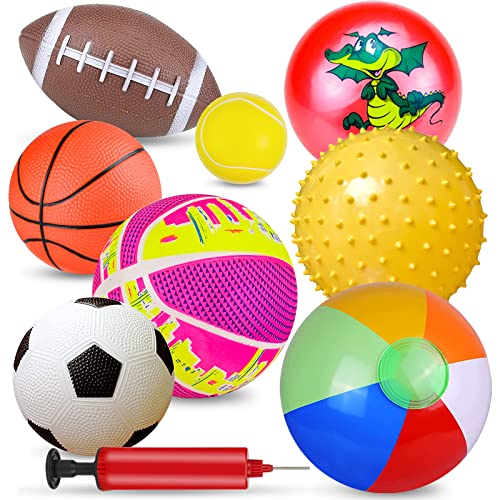 Ynanimery 8 Pack Soft Sports Balls for Toddlers with Air Pump - Ball Toys for Kids Toddlers, Include Soccer Ball & Basketball & Football & Tennis Ball & Spike Ball & Playground Balls (8Pcs Balls)