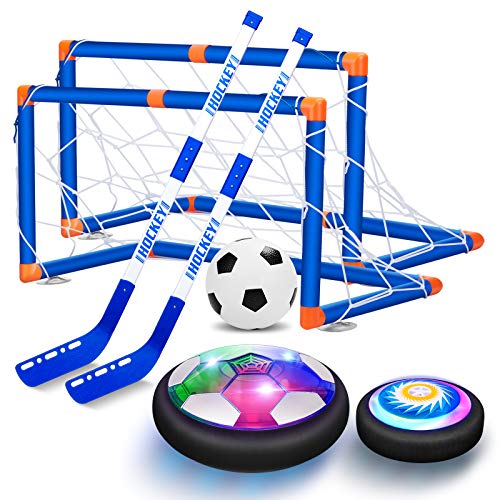 Sillbird Hover Hockey Soccer 2 in 1 Ball Set Kids Toys, Rechargeable Indoor & Outdoor Hovering football Games with 2 Goals and LED, Air Power Hockey and Football Gifts for Boys Girls 3-12