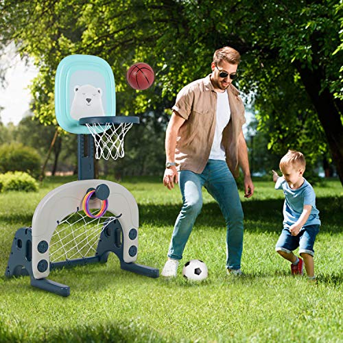 Hello-5ive Kids Basketball Hoop Stand Set, Kids Indoor and Outdoor Toys 3 in 1 Basketball Set Ball Games Adjustable Height, Toy Sports Set with Basketball, Football/Soccer Goal, Ring Toss
