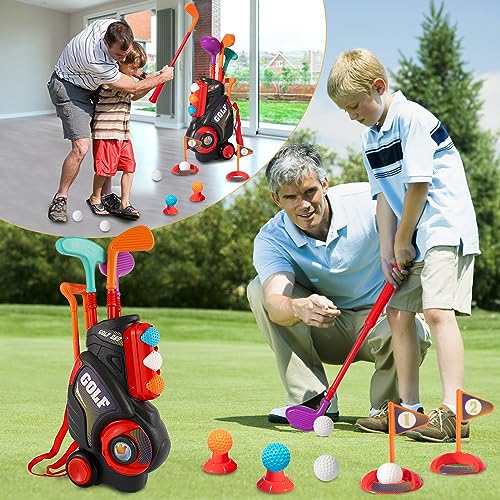 HYAKIDS Golf Set for Kids, Outdoor Garden Games Toy Golf Clubs Suitcase with 6 Balls, 3 Golf Clubs, 2 Practice Holes, Indoor Sports Toys for Toddlers Boys Girls