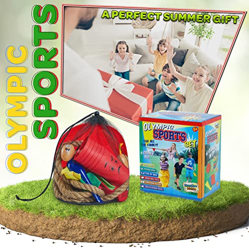 Outdoor Games for Kids and Adults 6 in 1 or 3 in 1 Garden Games PE Sports Day Sack Race Flying Disc Tug of War Throwing Bean Bags Tin Can Alley Egg and Spoon Race Ring Toss (6 in 1)