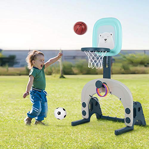 Hello-5ive Kids Basketball Hoop Stand Set, Kids Indoor and Outdoor Toys 3 in 1 Basketball Set Ball Games Adjustable Height, Toy Sports Set with Basketball, Football/Soccer Goal, Ring Toss