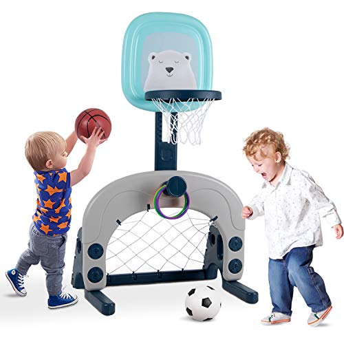 Hello-5ive Kids Basketball Hoop Stand Set, Kids Indoor and Outdoor Toys 3 in 1 Basketball Set Ball Games Adjustable Height, Toy Sports Set with Basketball, Football/Soccer Goal, Ring Toss