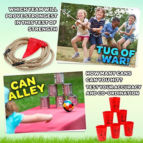 Outdoor Games for Kids and Adults 6 in 1 or 3 in 1 Garden Games PE Sports Day Sack Race Flying Disc Tug of War Throwing Bean Bags Tin Can Alley Egg and Spoon Race Ring Toss (6 in 1)