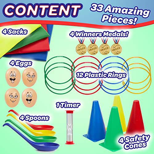 Garden Games Outdoor Play Equipment for Children Family Summer Kids Garden Toys Sports Day Kit Egg and Spoon Race Ring Toss Sack Race Bean Bag Toss Snakes and Ladders (Deluxe Sports Day Kit)