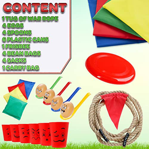 Outdoor Games for Kids and Adults 6 in 1 or 3 in 1 Garden Games PE Sports Day Sack Race Flying Disc Tug of War Throwing Bean Bags Tin Can Alley Egg and Spoon Race Ring Toss (6 in 1)