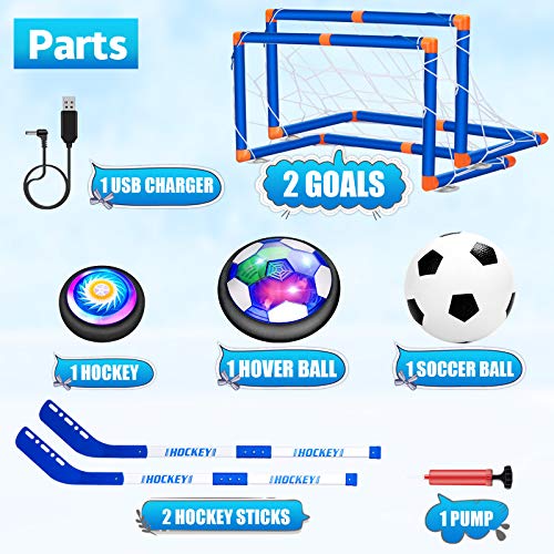 Sillbird Hover Hockey Soccer 2 in 1 Ball Set Kids Toys, Rechargeable Indoor & Outdoor Hovering football Games with 2 Goals and LED, Air Power Hockey and Football Gifts for Boys Girls 3-12