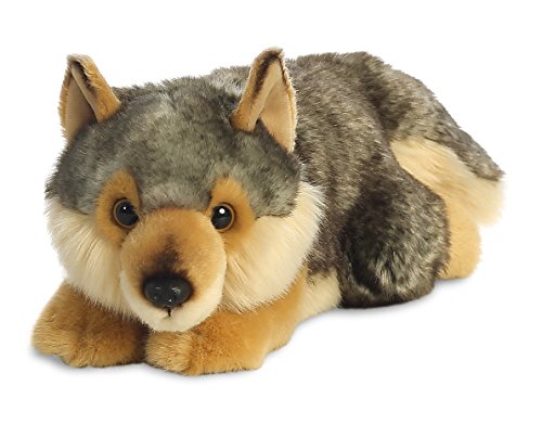 AURORA, 26264, MiYoni Wolf Lying, 11In, Soft Toy,for ages 0+, Brown and Grey