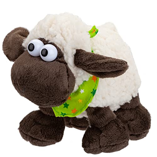 VFM - Woolly Sheep 15cm Plush With Comical Eyes & Green Star Scarf - Super Fluffy Fleece Cream & Brown Fabric Farmyard Animal Toy For Kids - Cuddle Crew