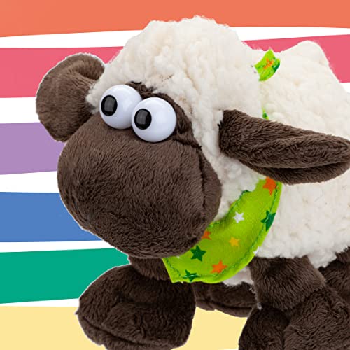 VFM - Woolly Sheep 15cm Plush With Comical Eyes & Green Star Scarf - Super Fluffy Fleece Cream & Brown Fabric Farmyard Animal Toy For Kids - Cuddle Crew