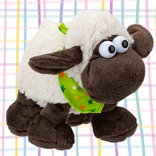VFM - Woolly Sheep 15cm Plush With Comical Eyes & Green Star Scarf - Super Fluffy Fleece Cream & Brown Fabric Farmyard Animal Toy For Kids - Cuddle Crew