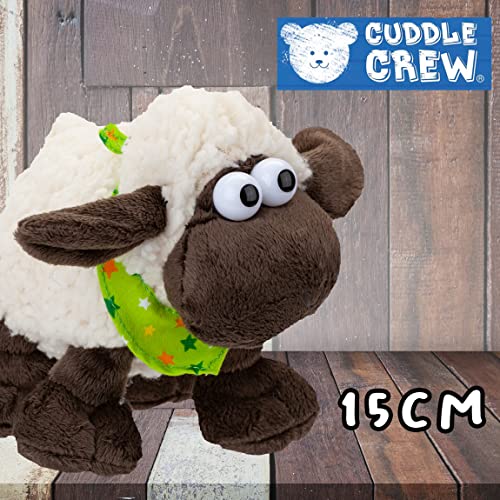 VFM - Woolly Sheep 15cm Plush With Comical Eyes & Green Star Scarf - Super Fluffy Fleece Cream & Brown Fabric Farmyard Animal Toy For Kids - Cuddle Crew