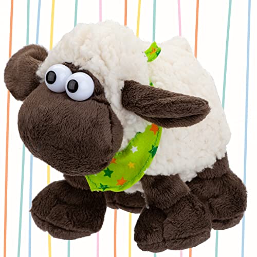 VFM - Woolly Sheep 15cm Plush With Comical Eyes & Green Star Scarf - Super Fluffy Fleece Cream & Brown Fabric Farmyard Animal Toy For Kids - Cuddle Crew