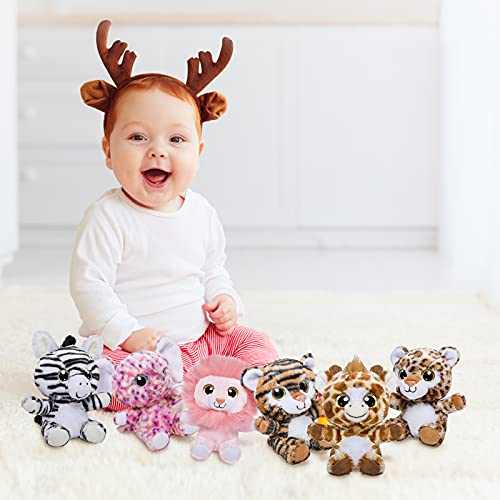 Nleio 6 Piece 15cm/6" Stuffed Animal Plush Toys Set, Jungle Soft Plush Toys Gifts with Lion, Elephant, Zebra, Giraffe, Tiger, Leopard, surprise toys for Baby girls of Ages 0+